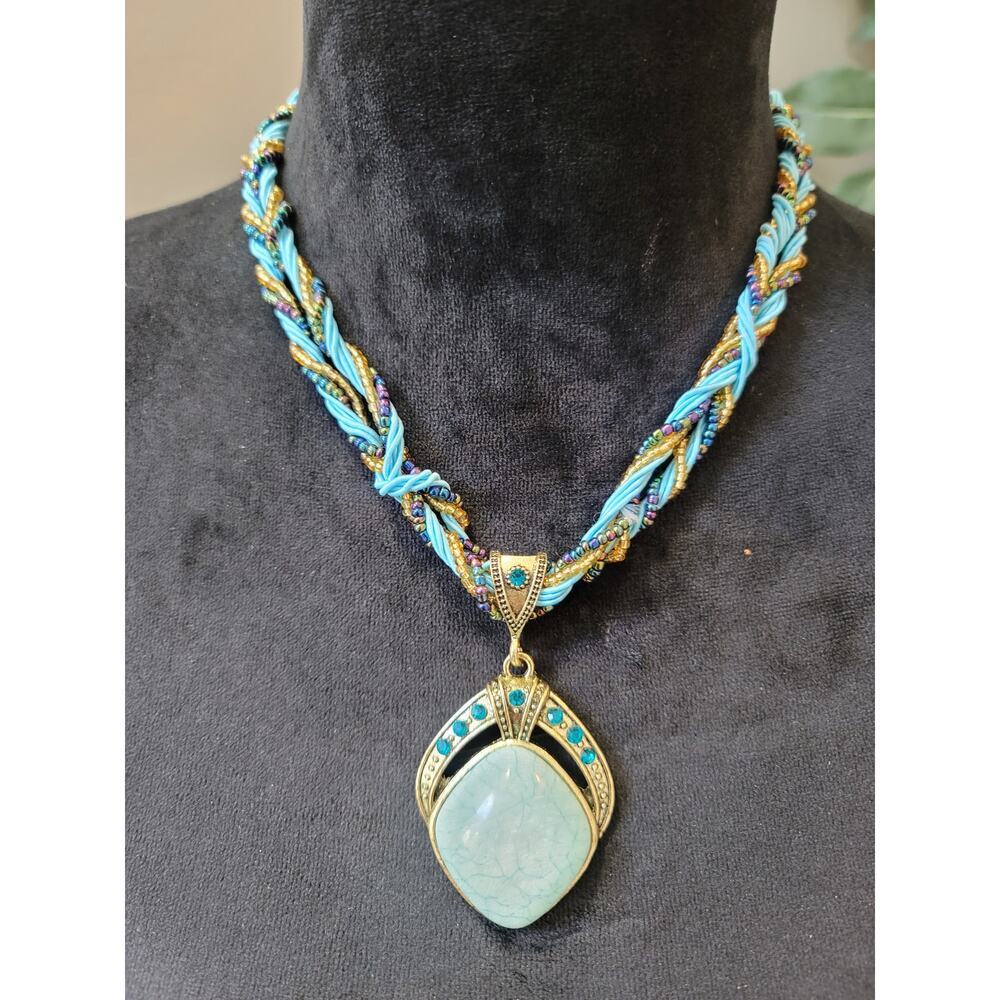 Women's Braided Multicolor Bead Necklace With Pendant And Lobster Claw Clasp